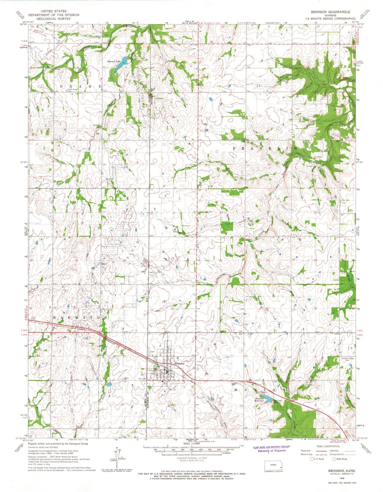 1966 Bronson, KS - Kansas - USGS Topographic Map