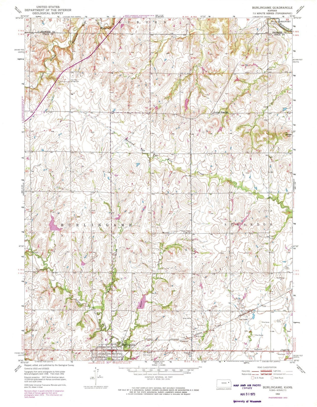 1952 Burlingame, KS - Kansas - USGS Topographic Map