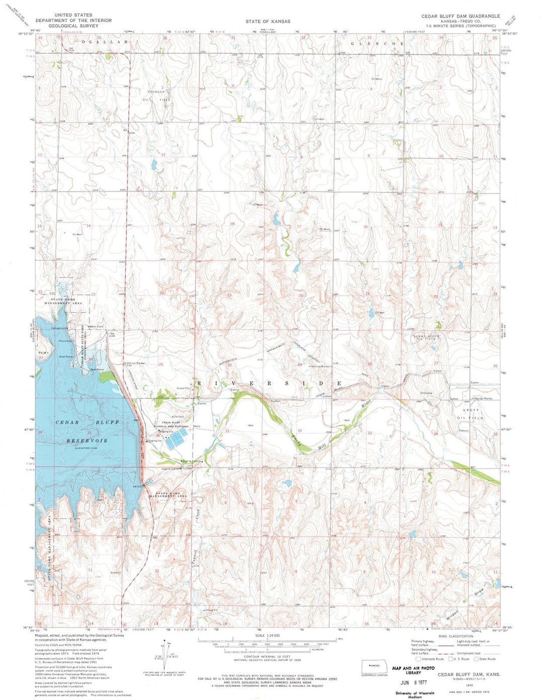 1974 Cedar Bluff Dam, KS - Kansas - USGS Topographic Map