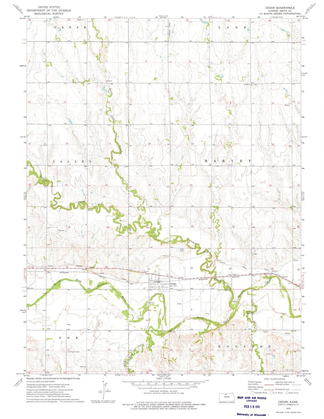 1973 Cedar, KS - Kansas - USGS Topographic Map