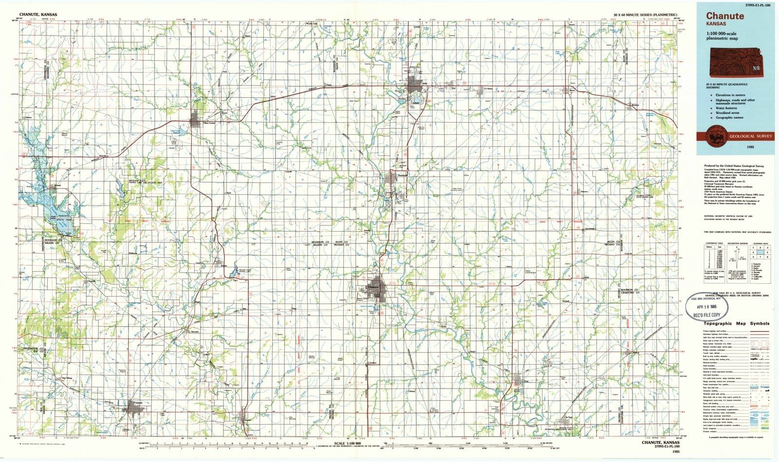 1985 Chanute, KS - Kansas - USGS Topographic Map