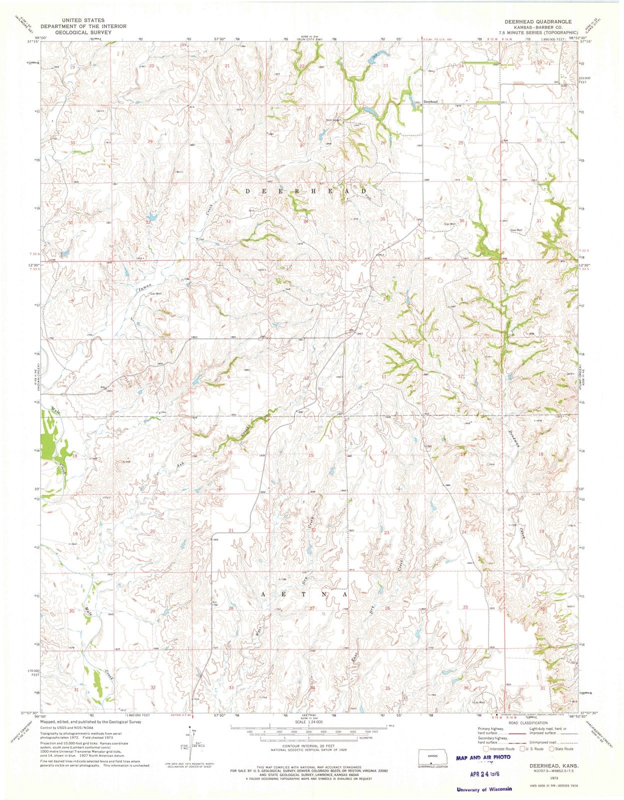 1973 Deerhead, KS - Kansas - USGS Topographic Map