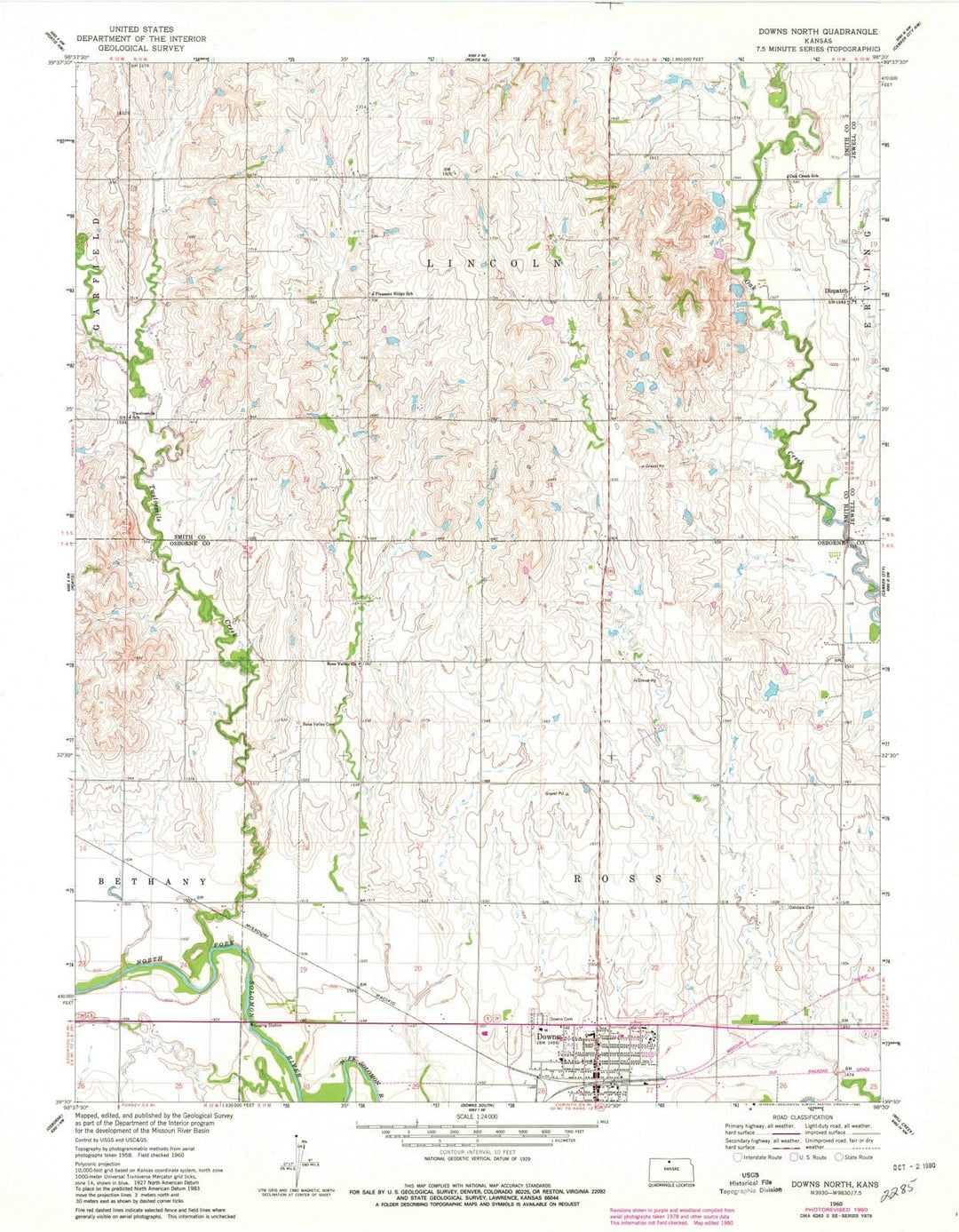 1960 Downs North, KS - Kansas - USGS Topographic Map