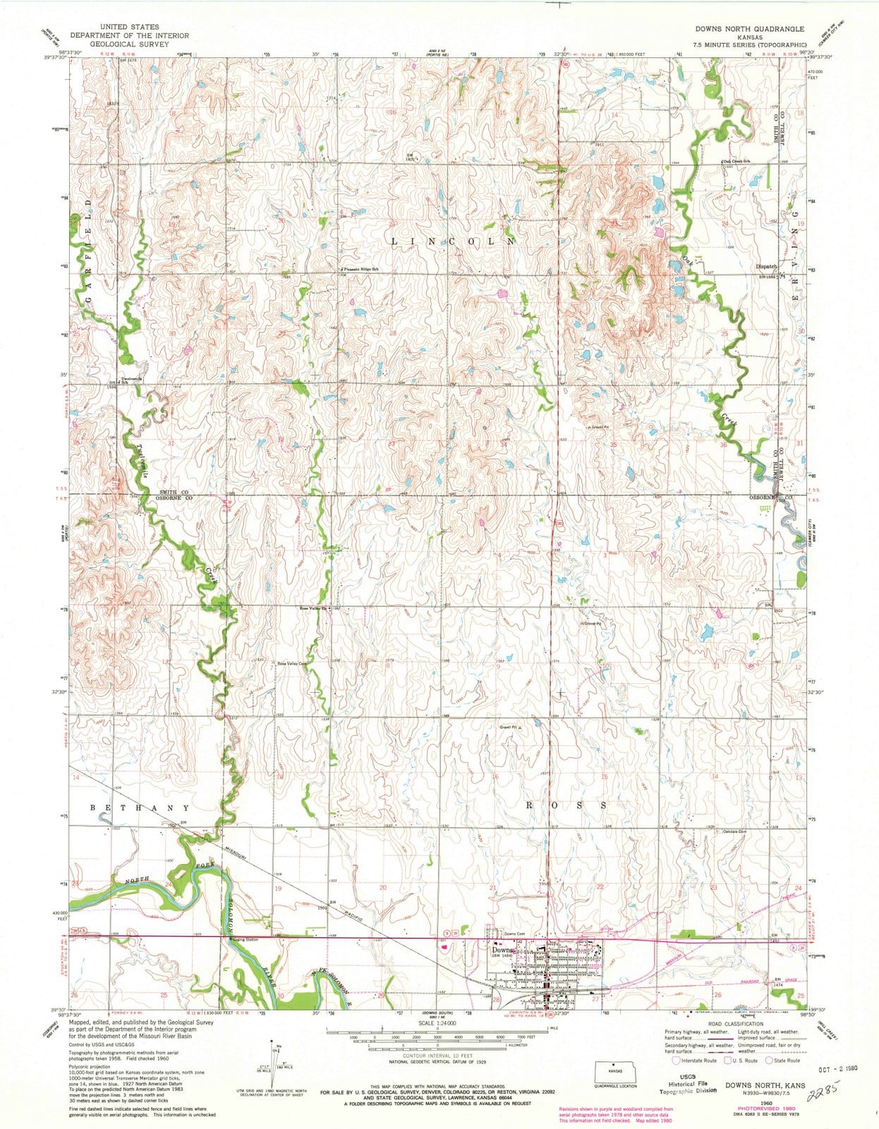 1960 Downs North, KS - Kansas - USGS Topographic Map