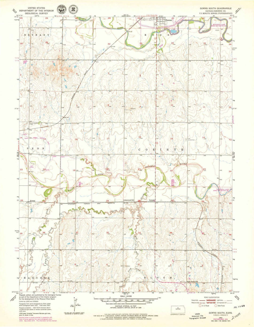 1953 Downs South, KS - Kansas - USGS Topographic Map