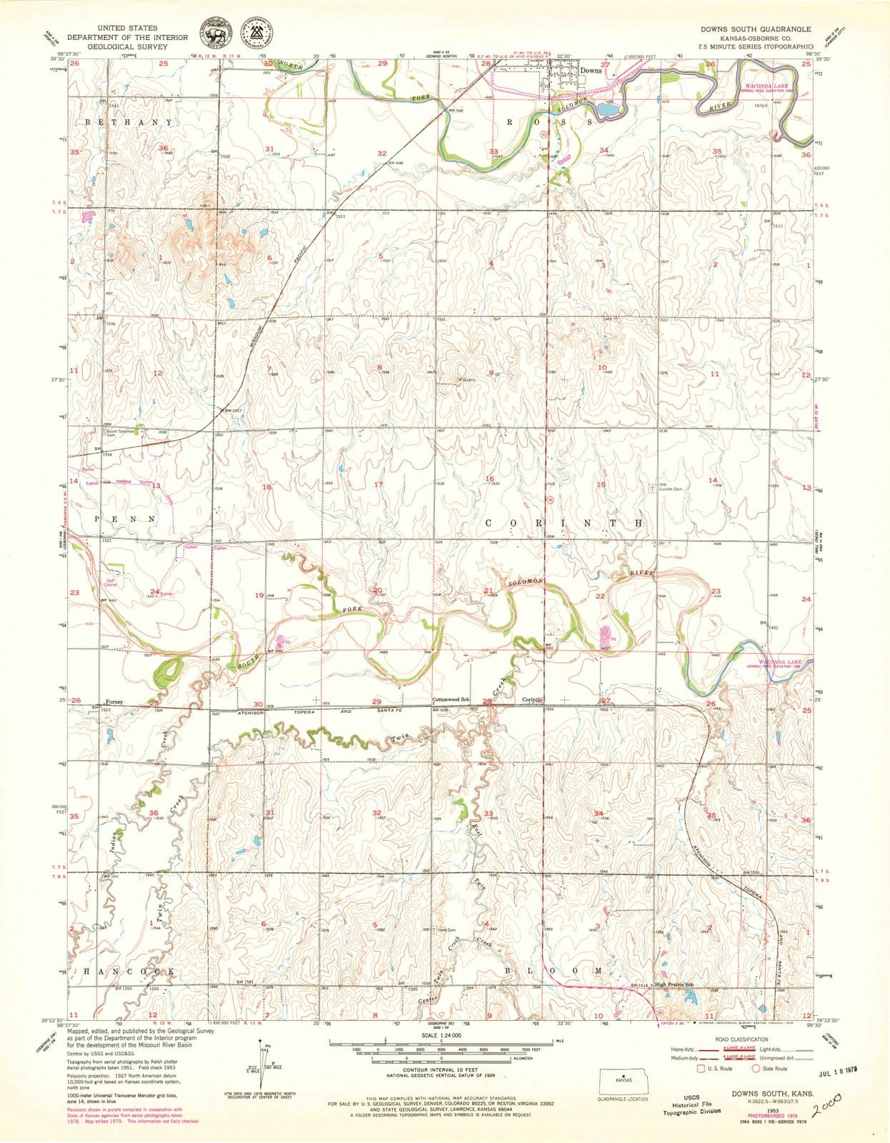 1953 Downs South, KS - Kansas - USGS Topographic Map