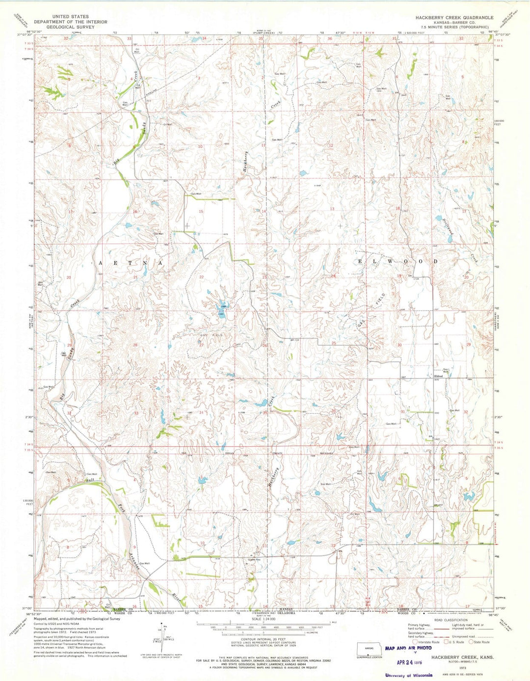 1973 Hackberry Creek, KS - Kansas - USGS Topographic Map