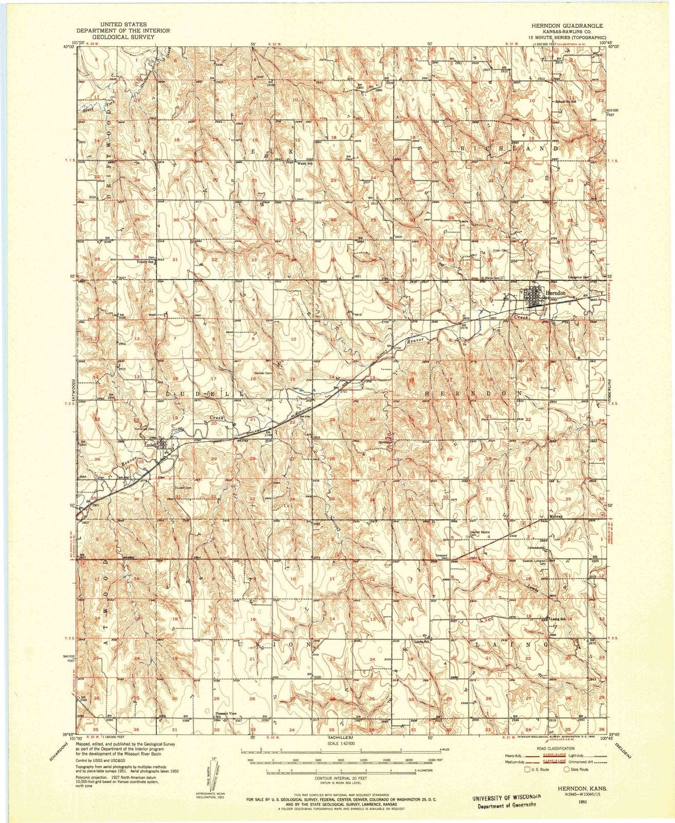 1951 Herndon, KS - Kansas - USGS Topographic Map