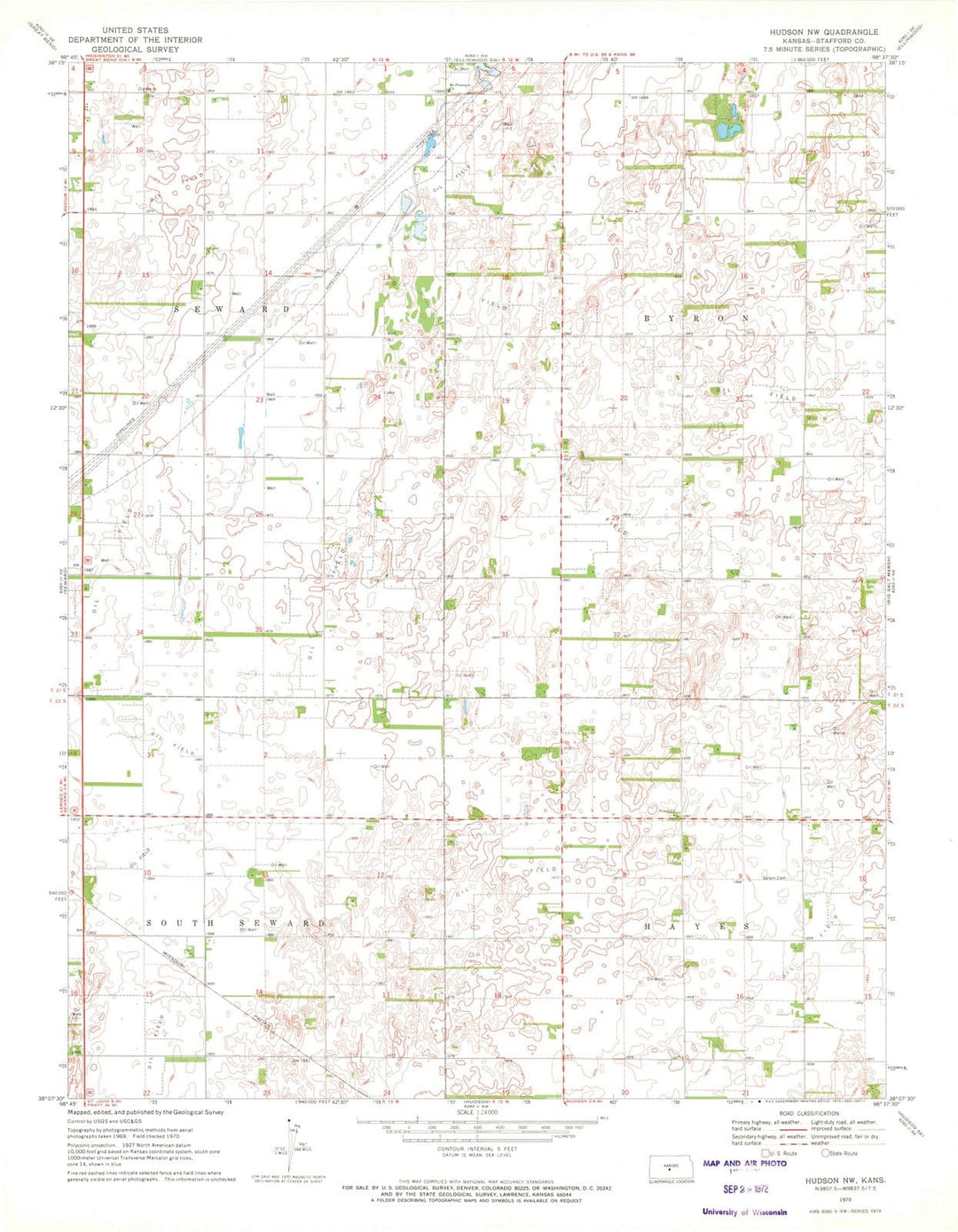 1970 Hudson, KS - Kansas - USGS Topographic Map