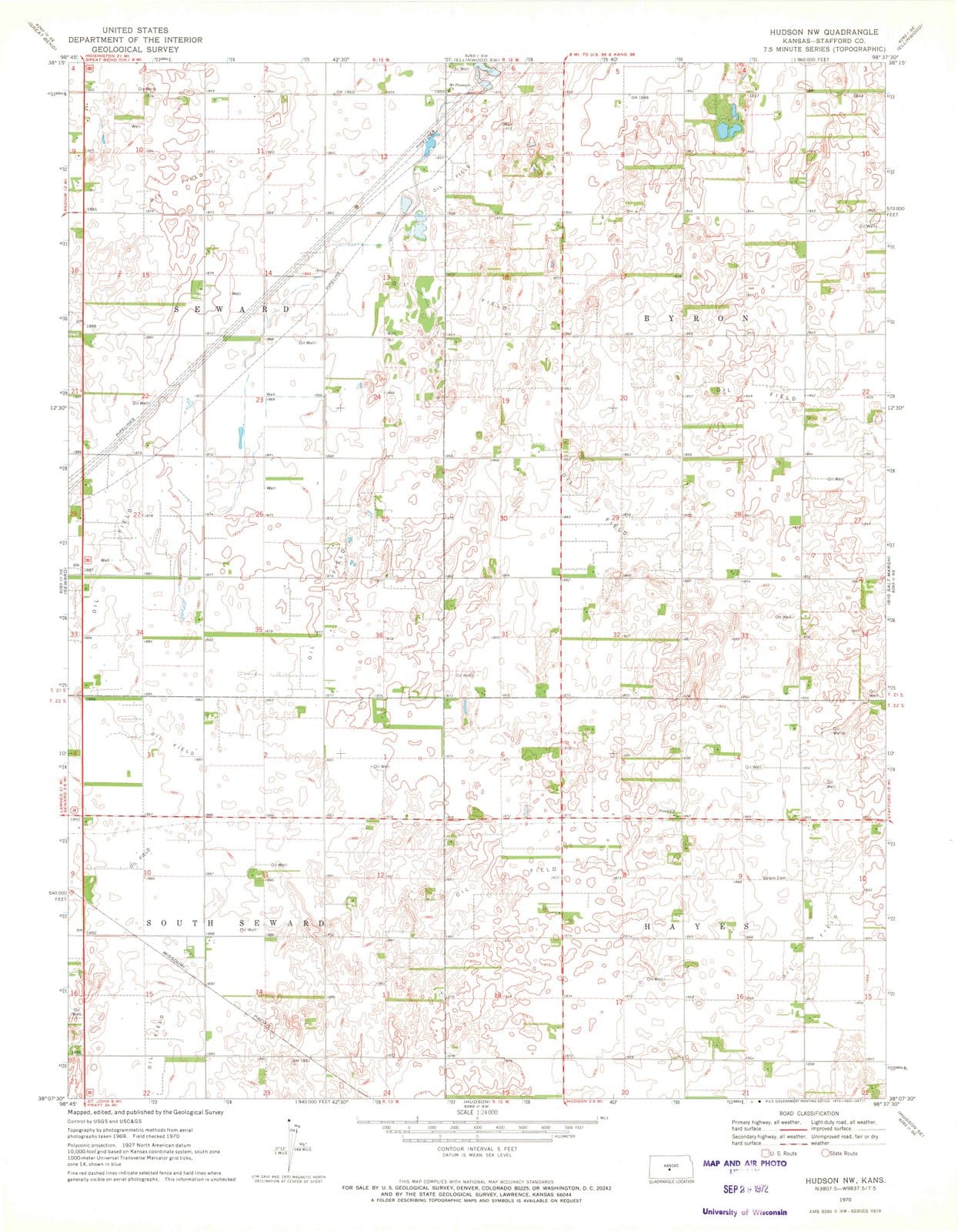 1970 Hudson, KS - Kansas - USGS Topographic Map