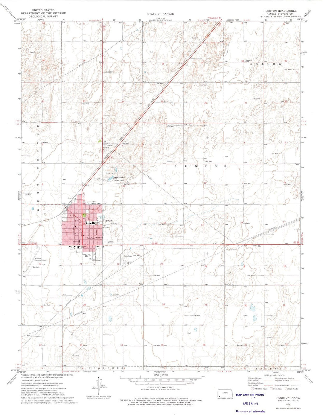 1974 Hugoton, KS - Kansas - USGS Topographic Map v3