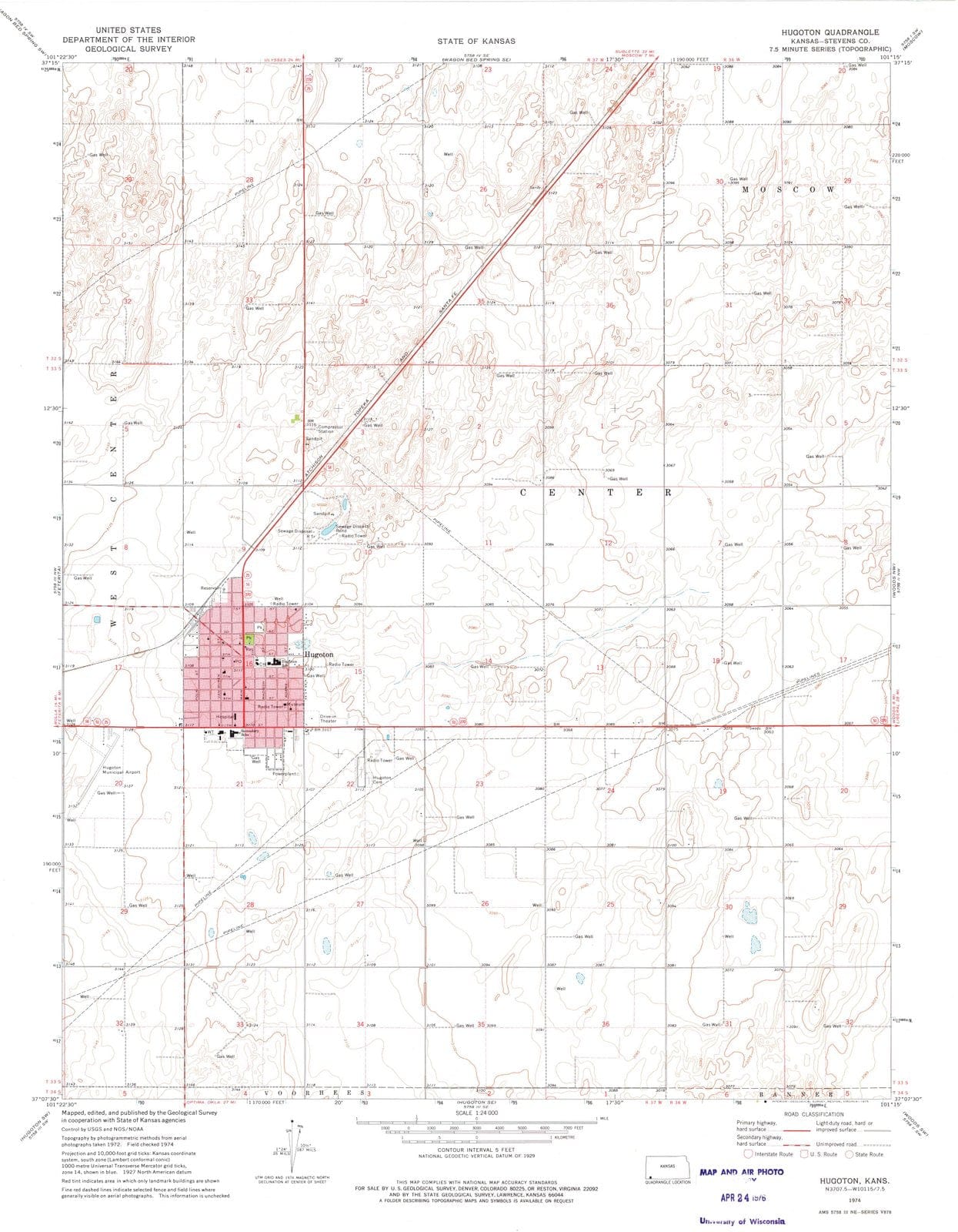 1974 Hugoton, KS - Kansas - USGS Topographic Map v3