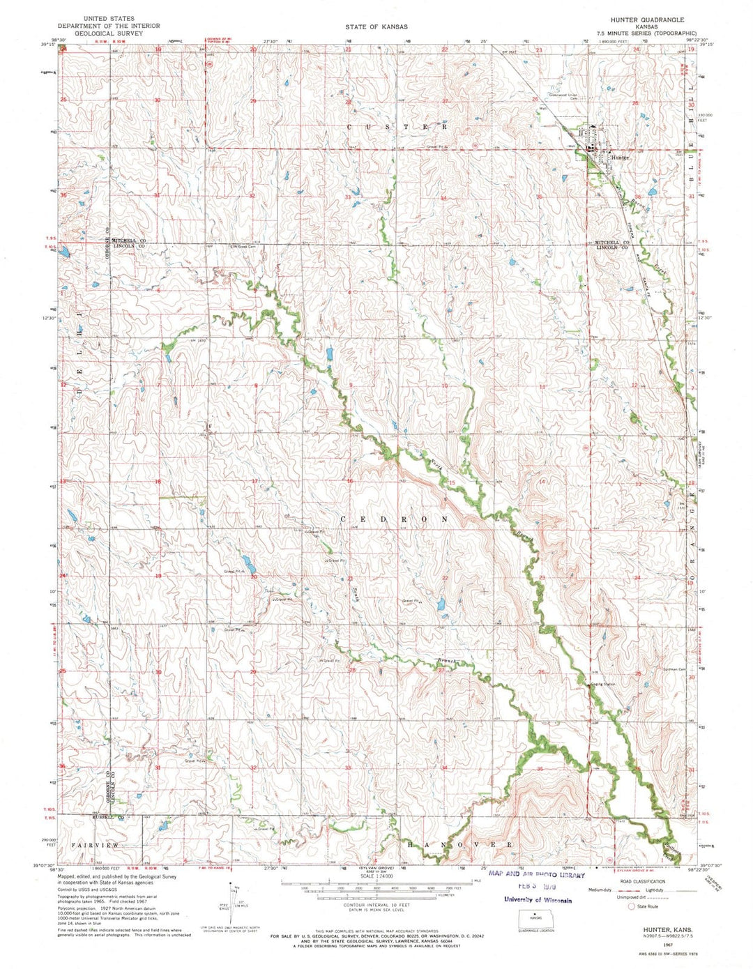 1967 Hunter, KS - Kansas - USGS Topographic Map