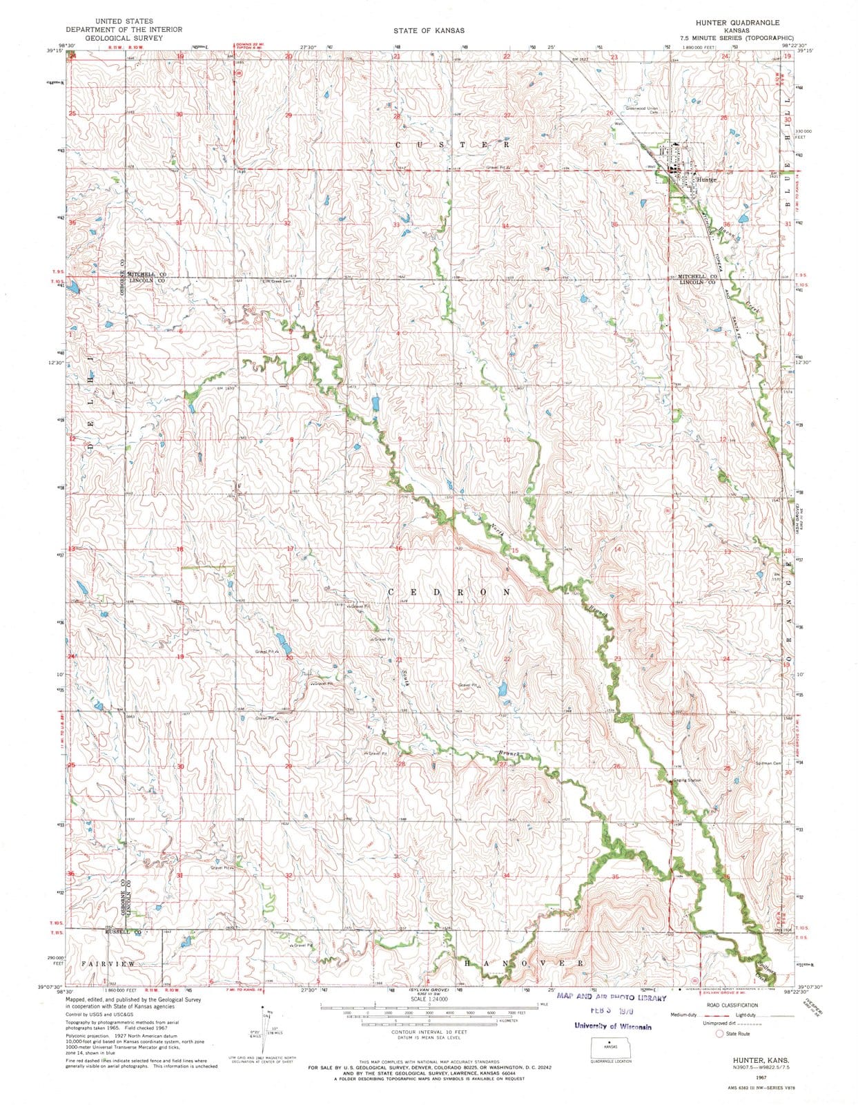 1967 Hunter, KS - Kansas - USGS Topographic Map