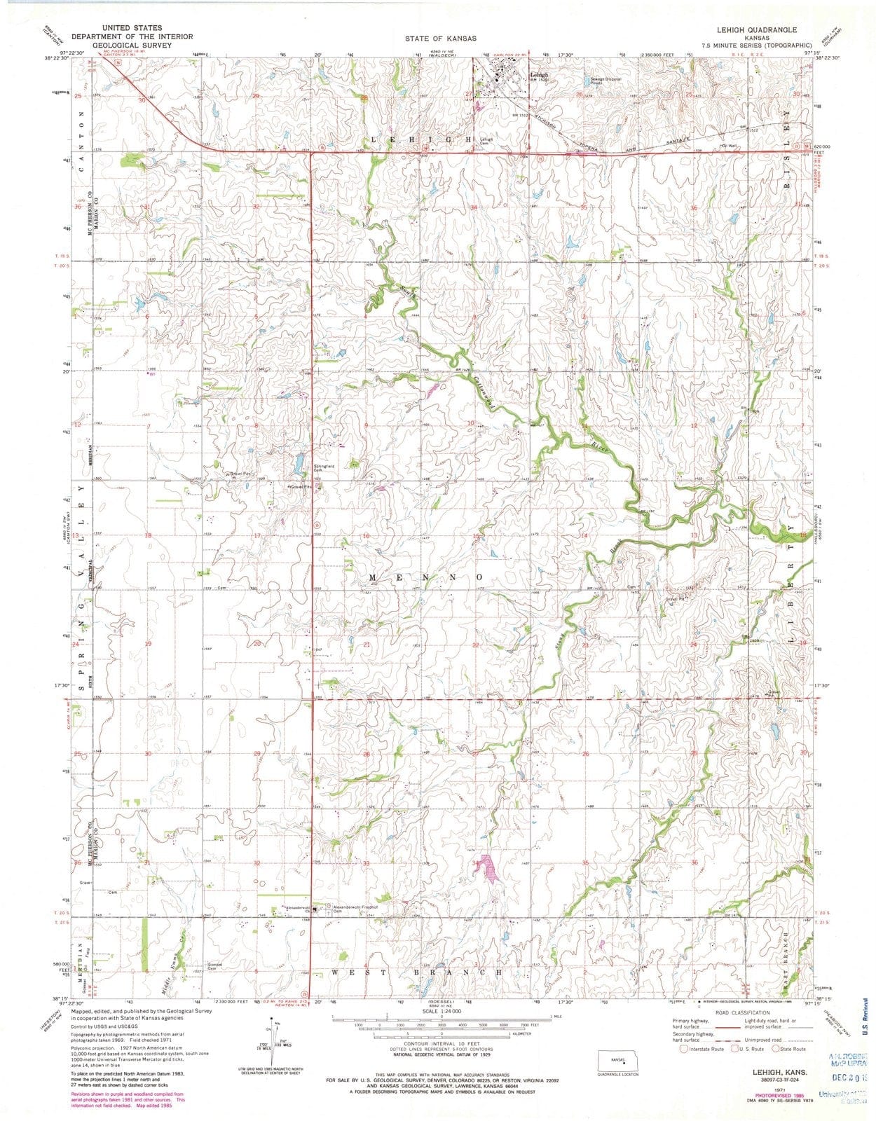 1971 Lehigh, KS - Kansas - USGS Topographic Map