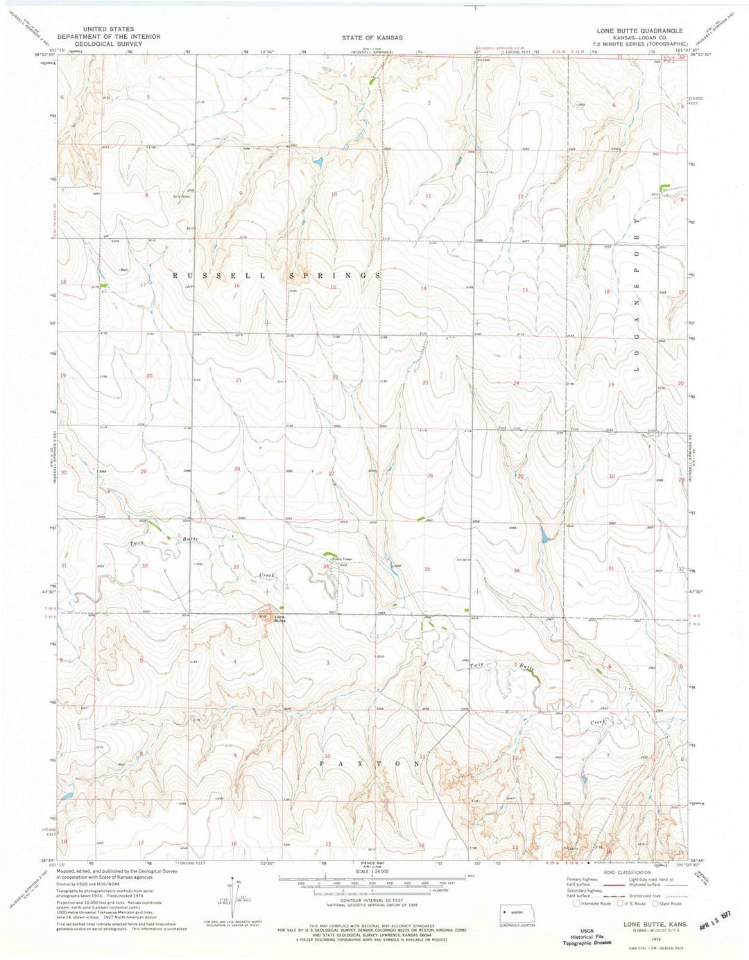 1974 Lone Butte, KS - Kansas - USGS Topographic Map