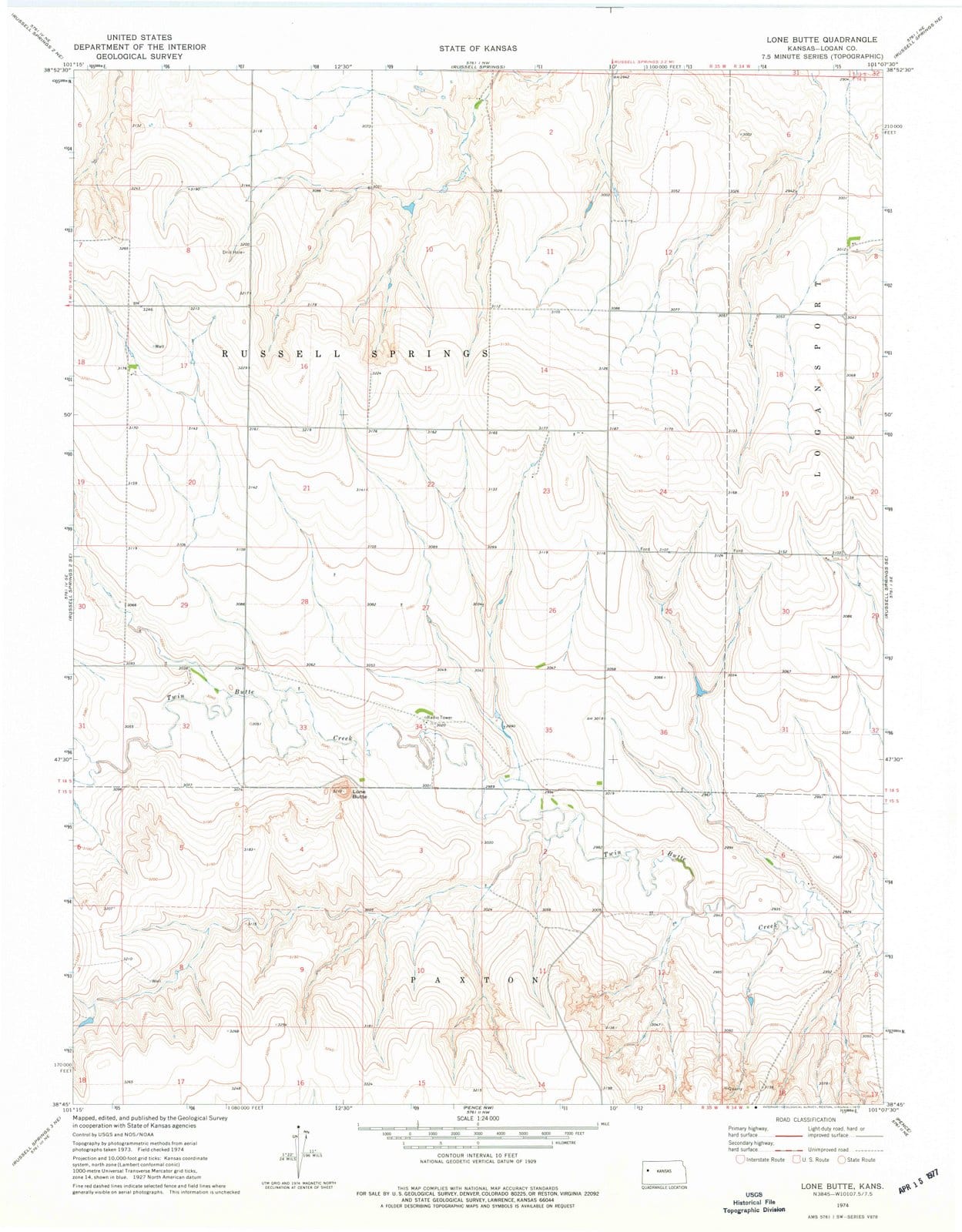 1974 Lone Butte, KS - Kansas - USGS Topographic Map