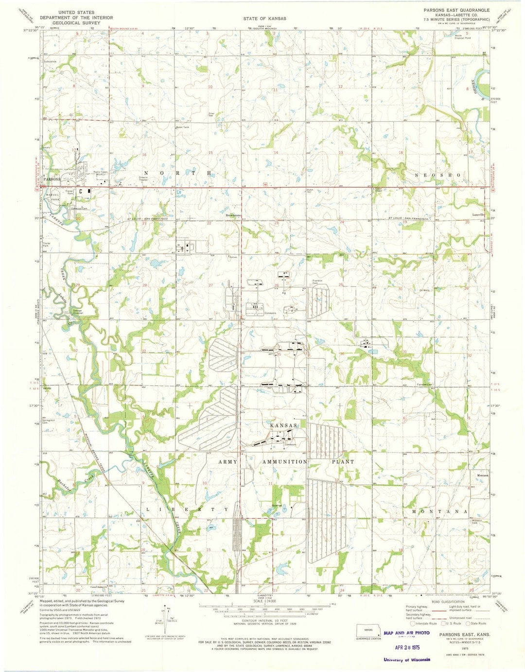 1973 Parsons East, KS - Kansas - USGS Topographic Map