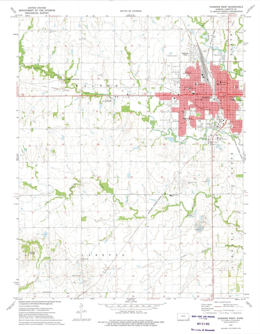 1973 Parsons West, KS - Kansas - USGS Topographic Map