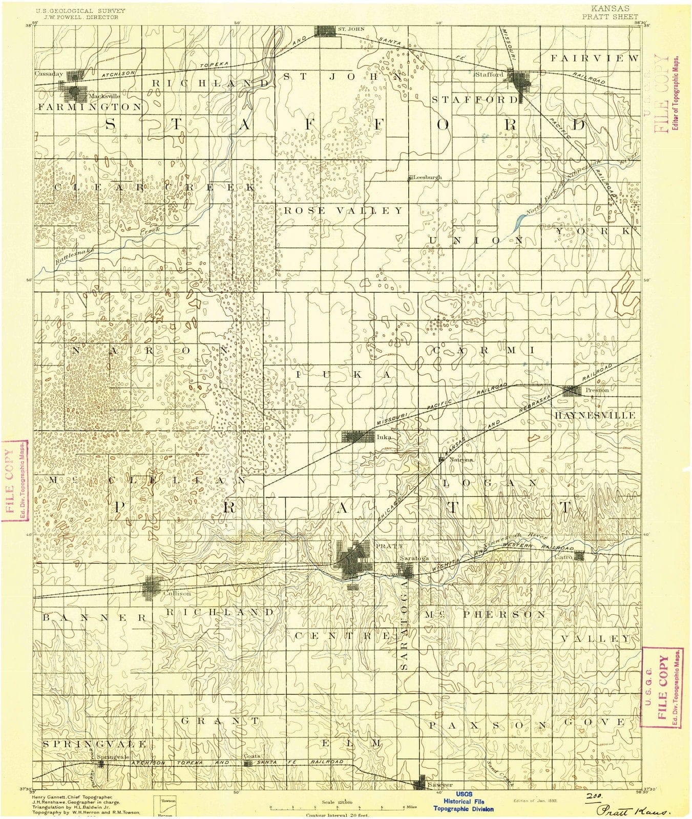 1892 Pratt, KS - Kansas - USGS Topographic Map