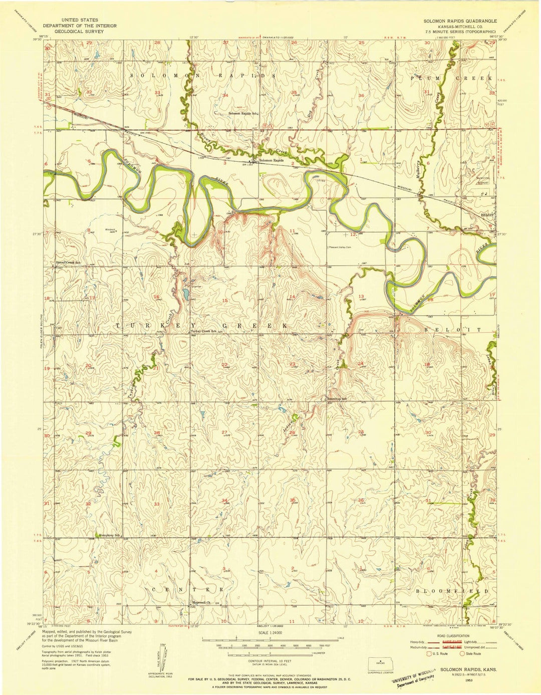 1953 Solomon Rapids, KS - Kansas - USGS Topographic Map