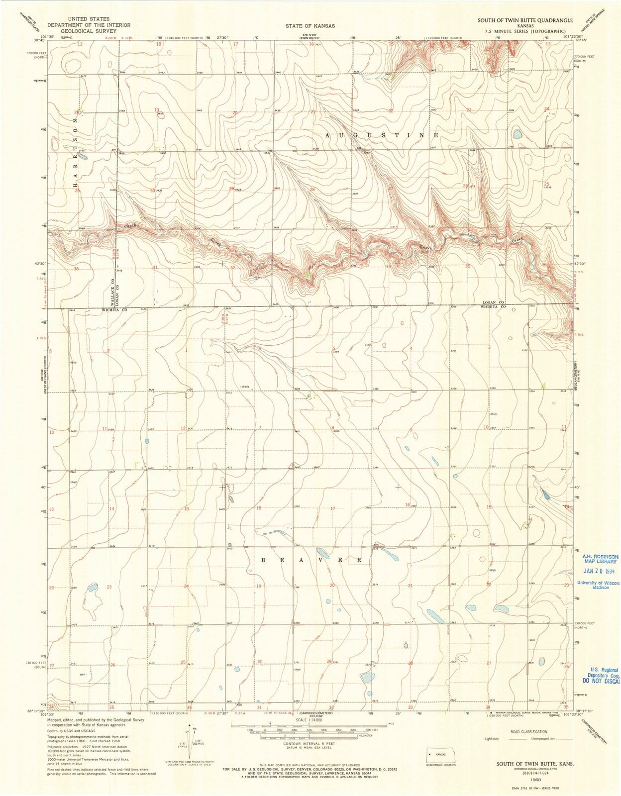 1968 South of Twin Butte, KS - Kansas - USGS Topographic Map