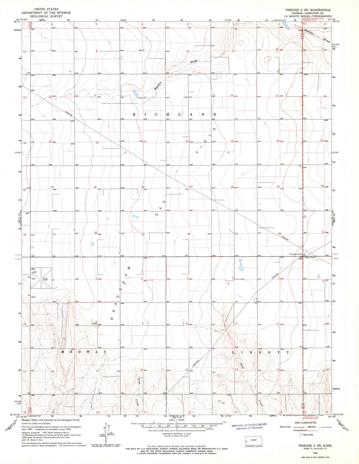 1966 Tribune 3, KS - Kansas - USGS Topographic Map