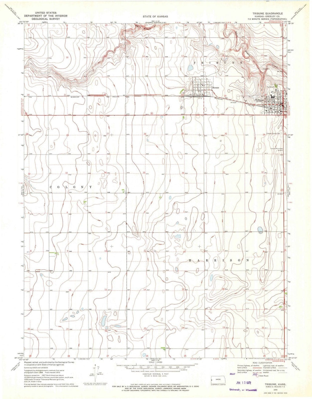 1970 Tribune, KS - Kansas - USGS Topographic Map v3