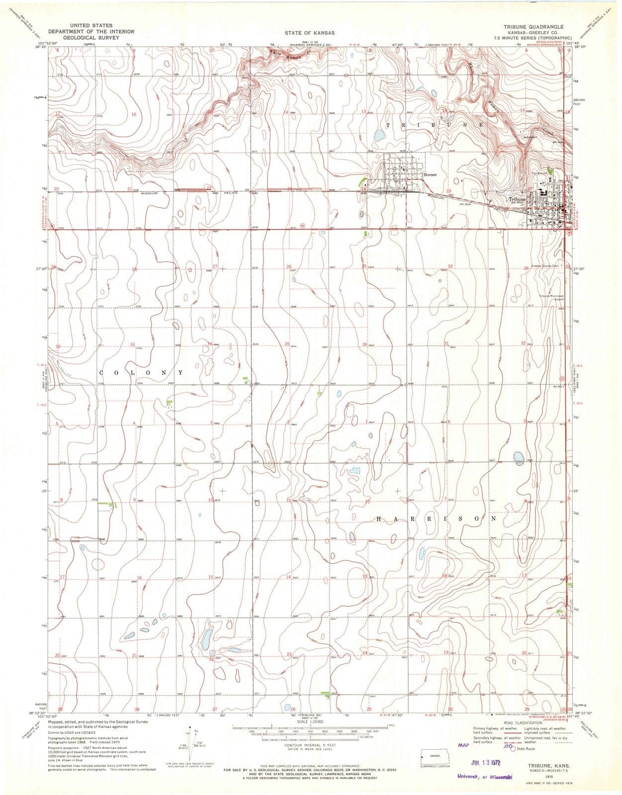 1970 Tribune, KS - Kansas - USGS Topographic Map v3