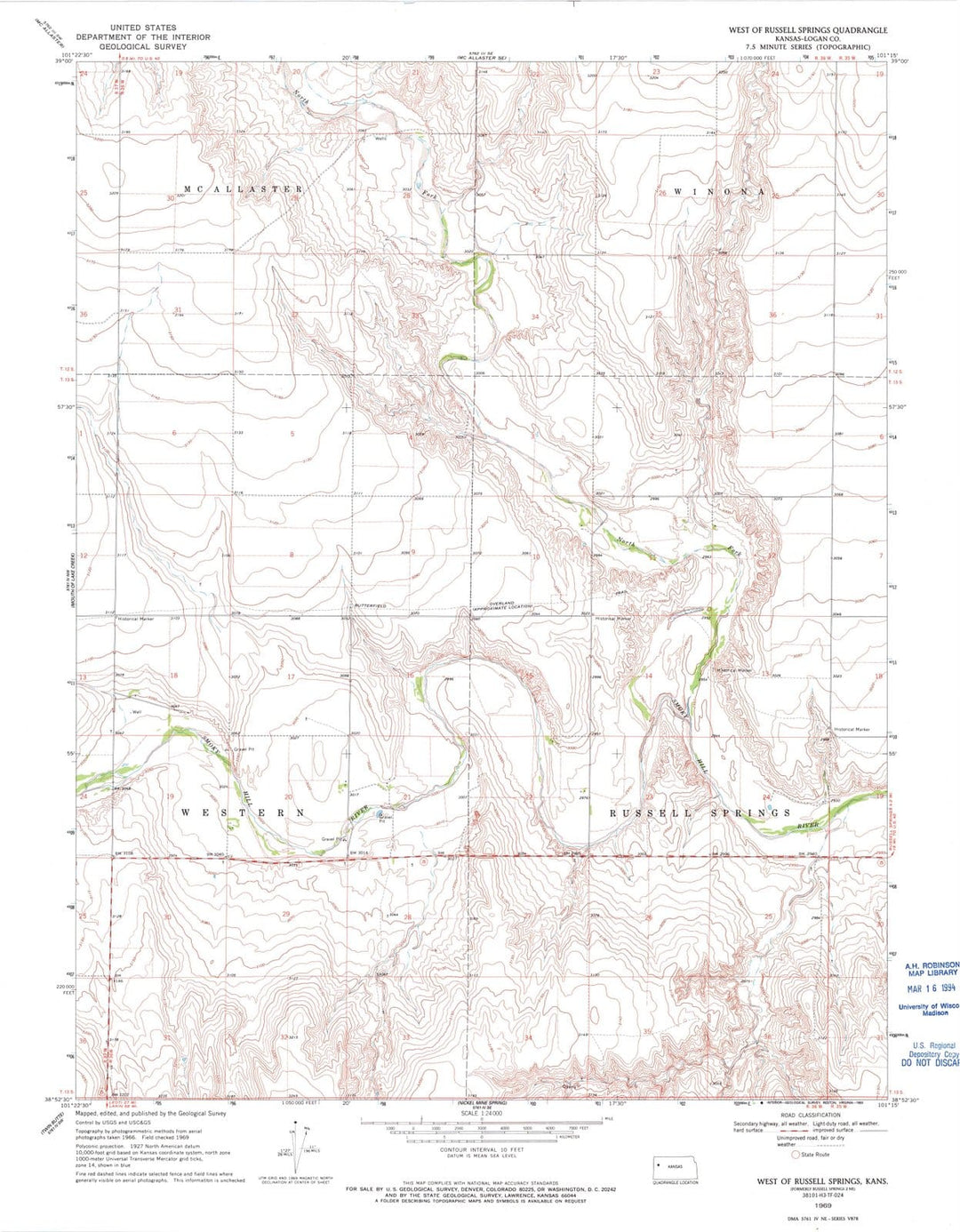 1969 West of Russell Springs, KS - Kansas - USGS Topographic Map