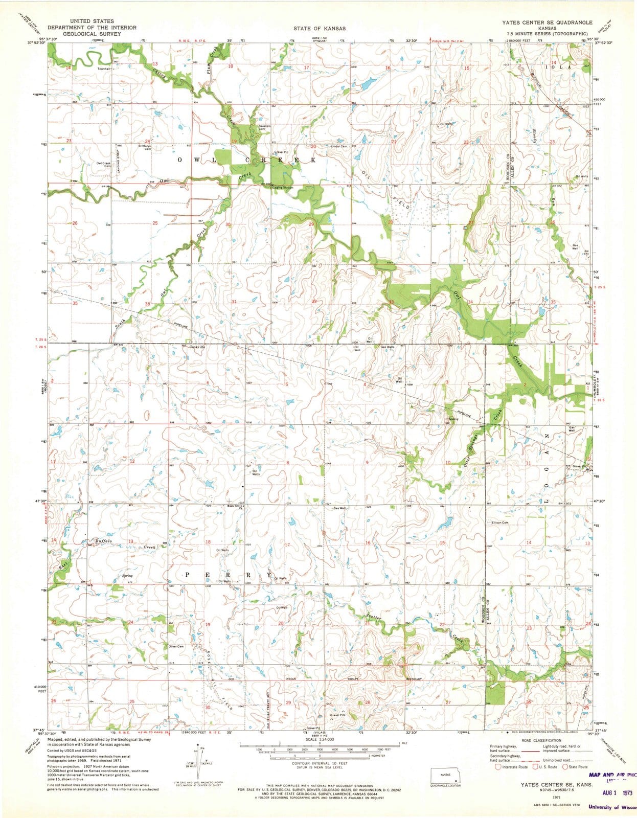 1971 Yates Center, KS - Kansas - USGS Topographic Map