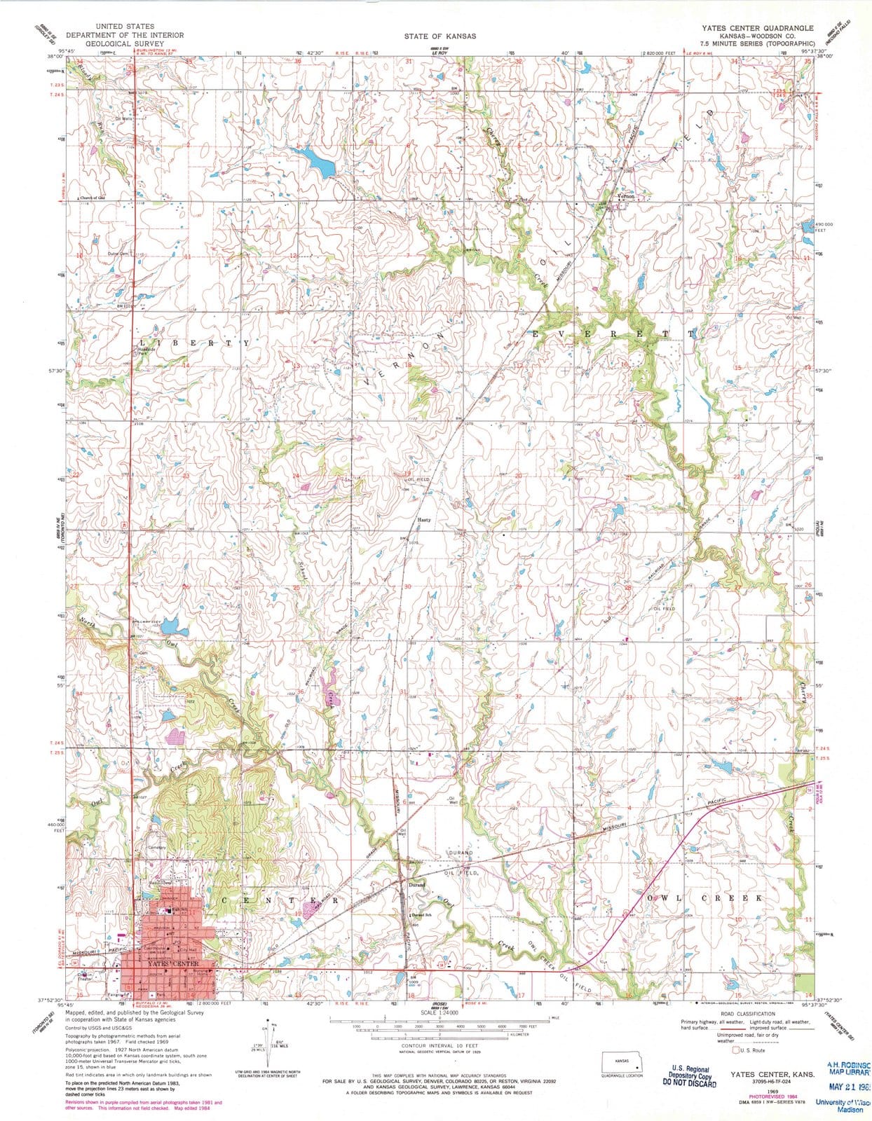 1969 Yates Center, KS - Kansas - USGS Topographic Map