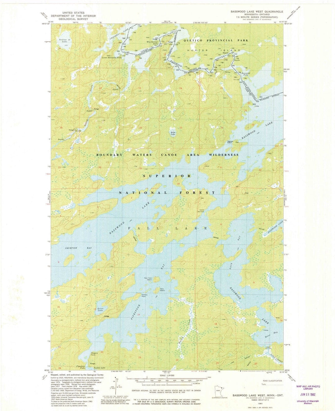 1981 Basswood Lake West, MN - Minnesota - USGS Topographic Map