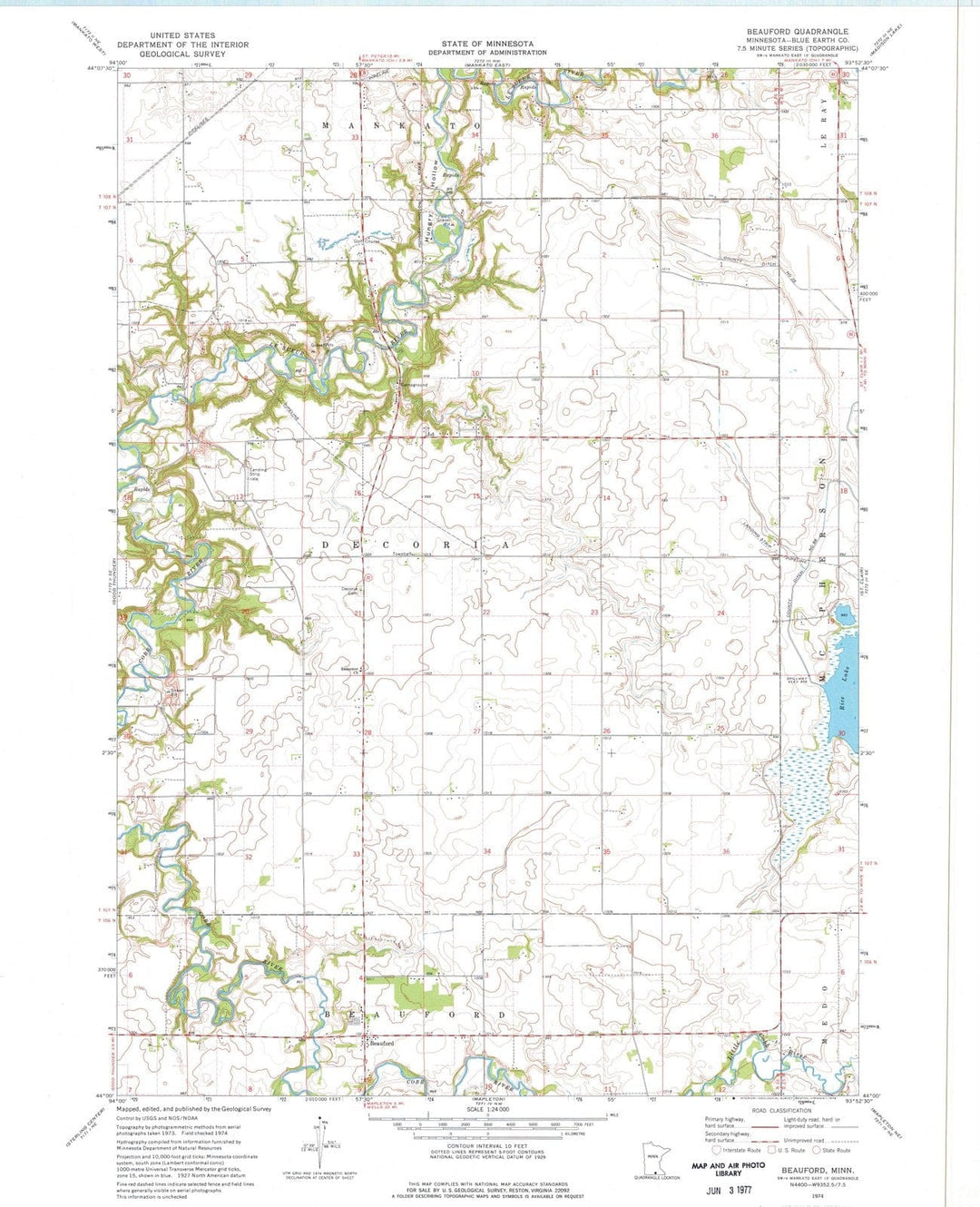 1974 Beauford, MN - Minnesota - USGS Topographic Map