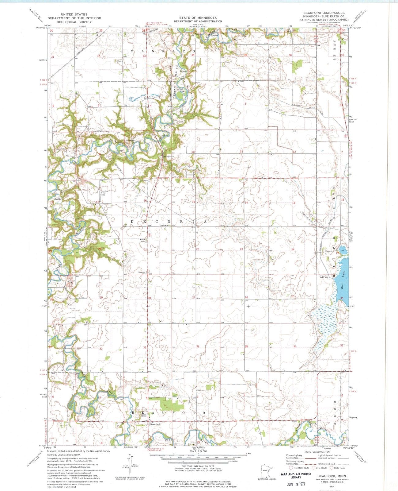 1974 Beauford, MN - Minnesota - USGS Topographic Map