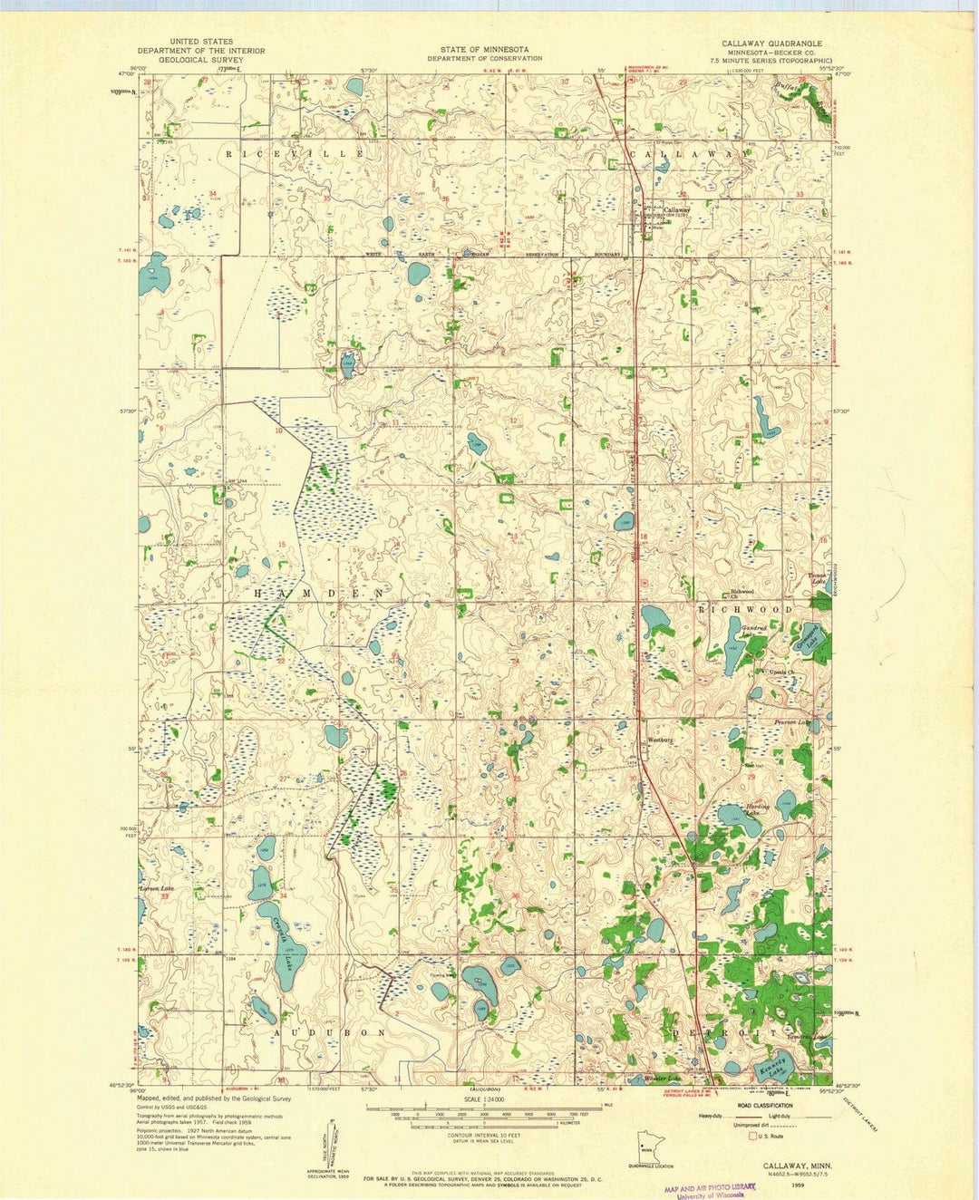 1959 Callaway, MN - Minnesota - USGS Topographic Map