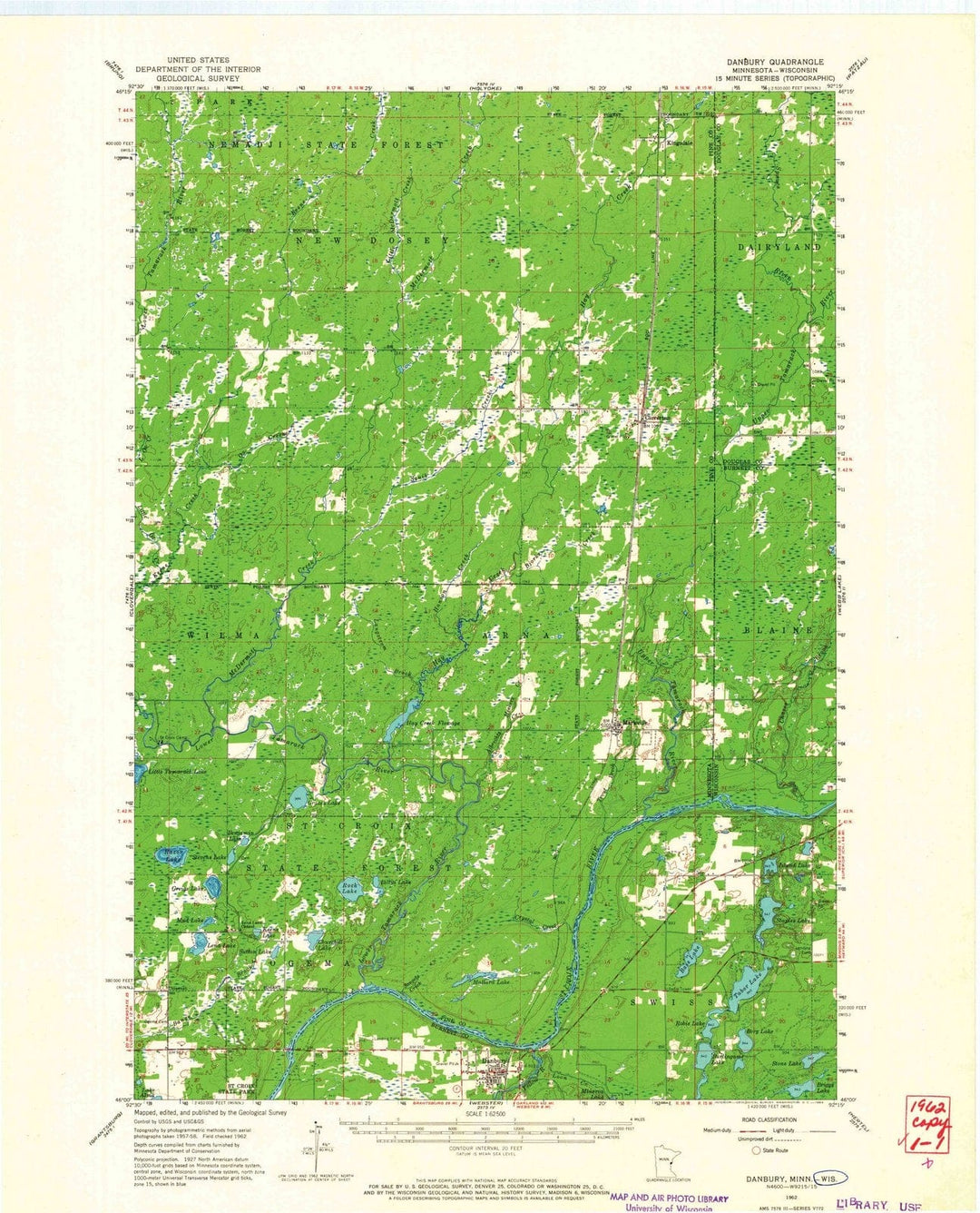 1962 Danbury, WI - Wisconsin - USGS Topographic Map