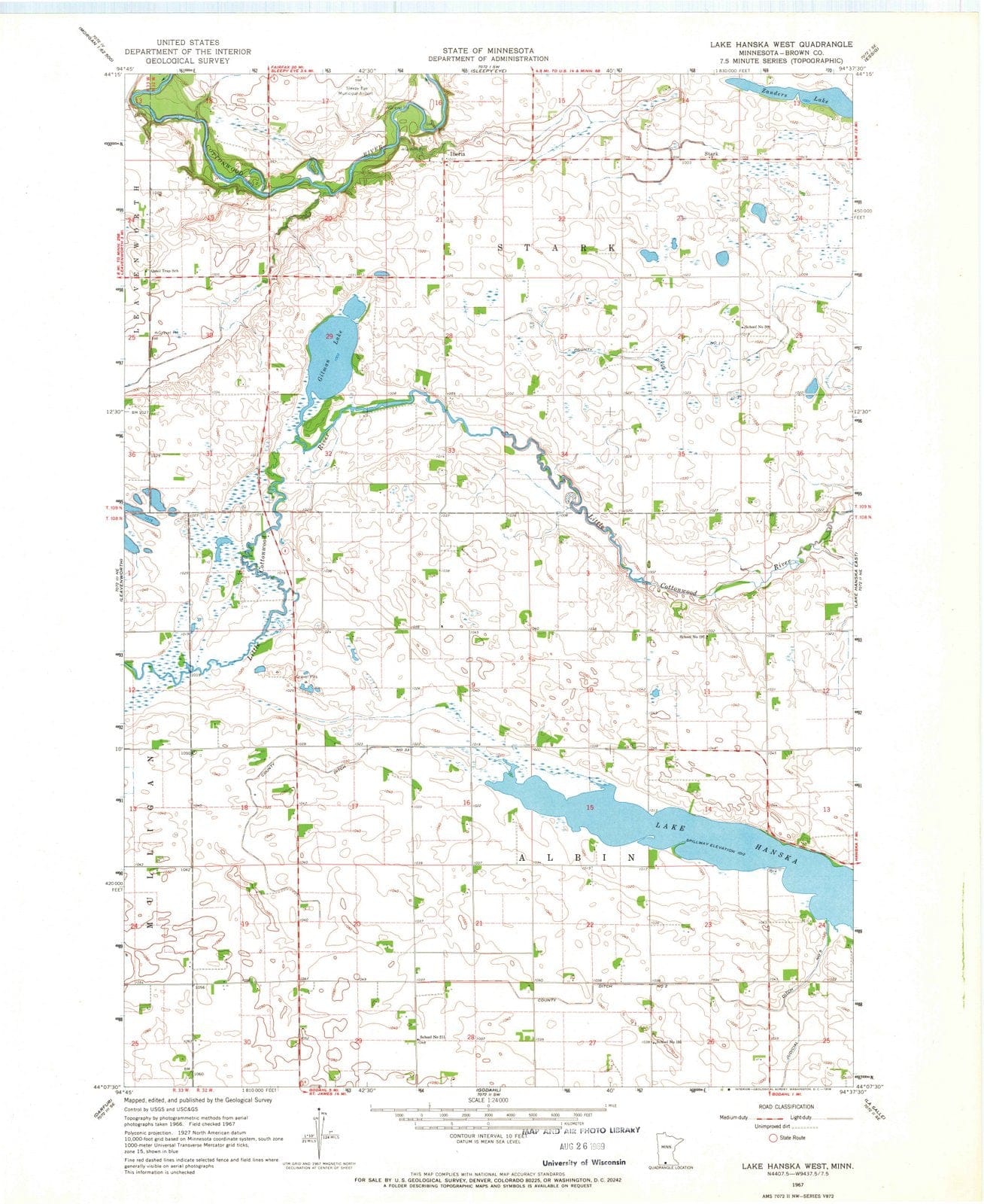 1967 Lake Hanska West, MN - Minnesota - USGS Topographic Map