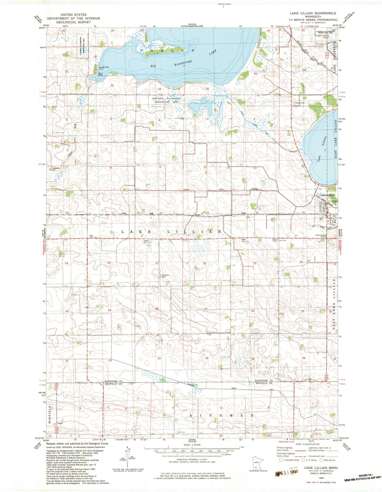 1982 Lake Lillian, MN - Minnesota - USGS Topographic Map