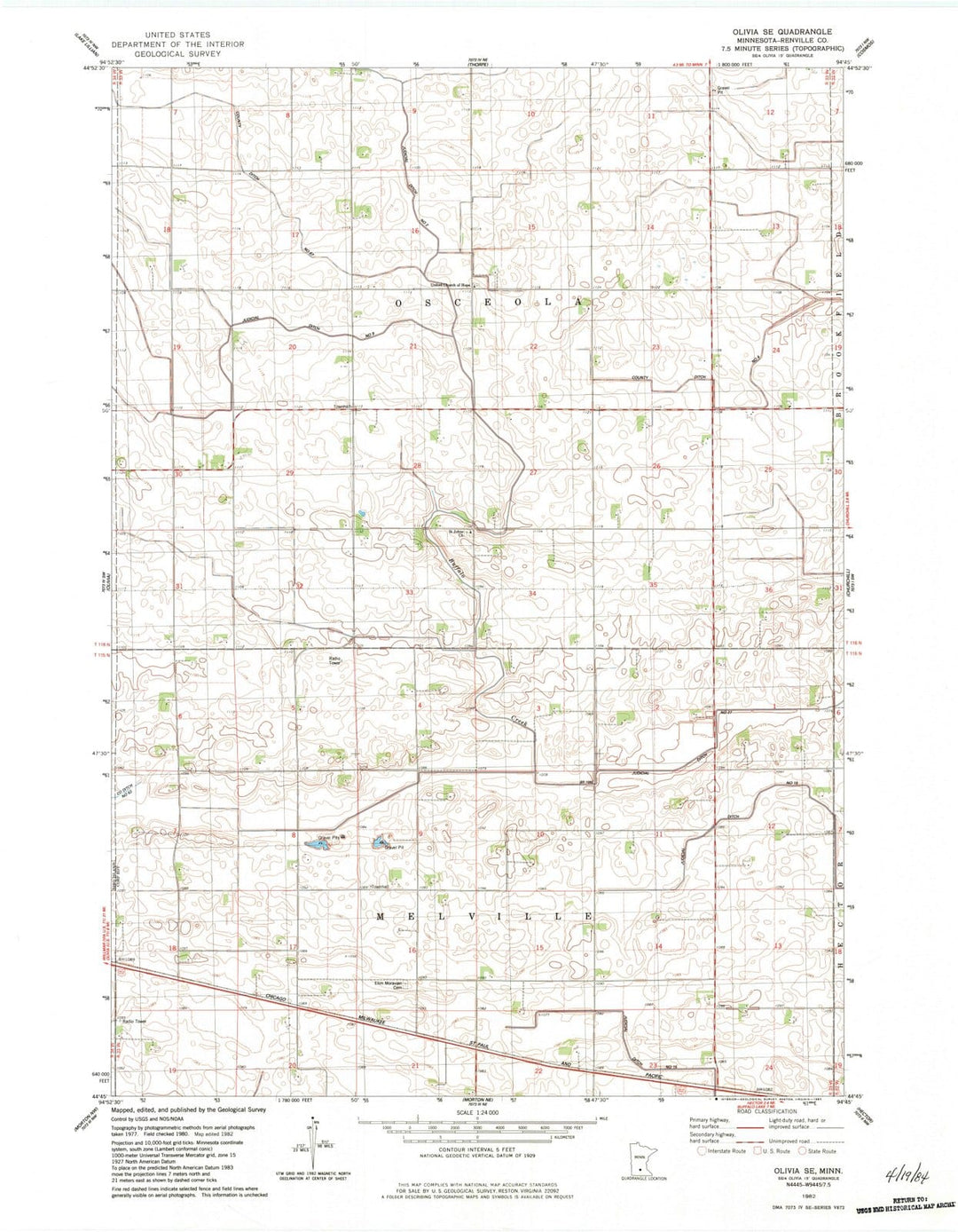 1982 Olivia, MN - Minnesota - USGS Topographic Map