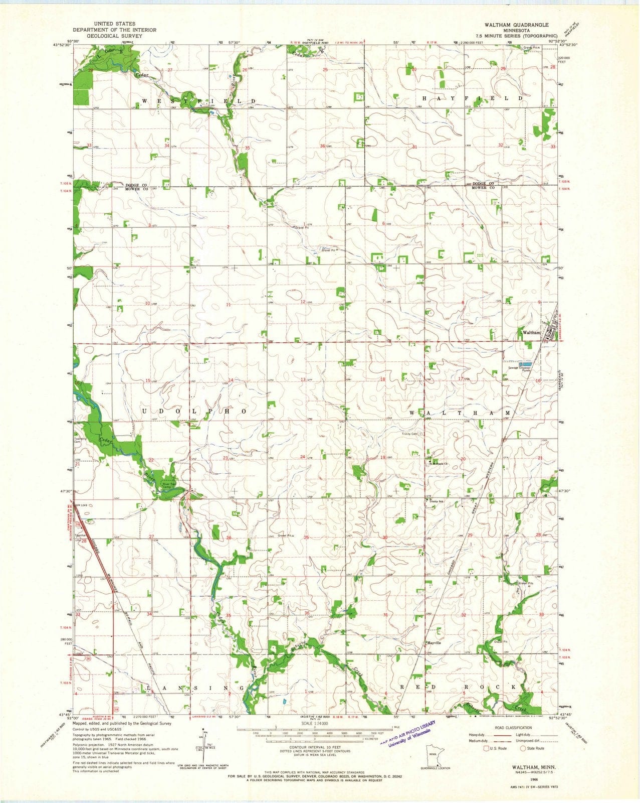 1966 Waltham, MN - Minnesota - USGS Topographic Map