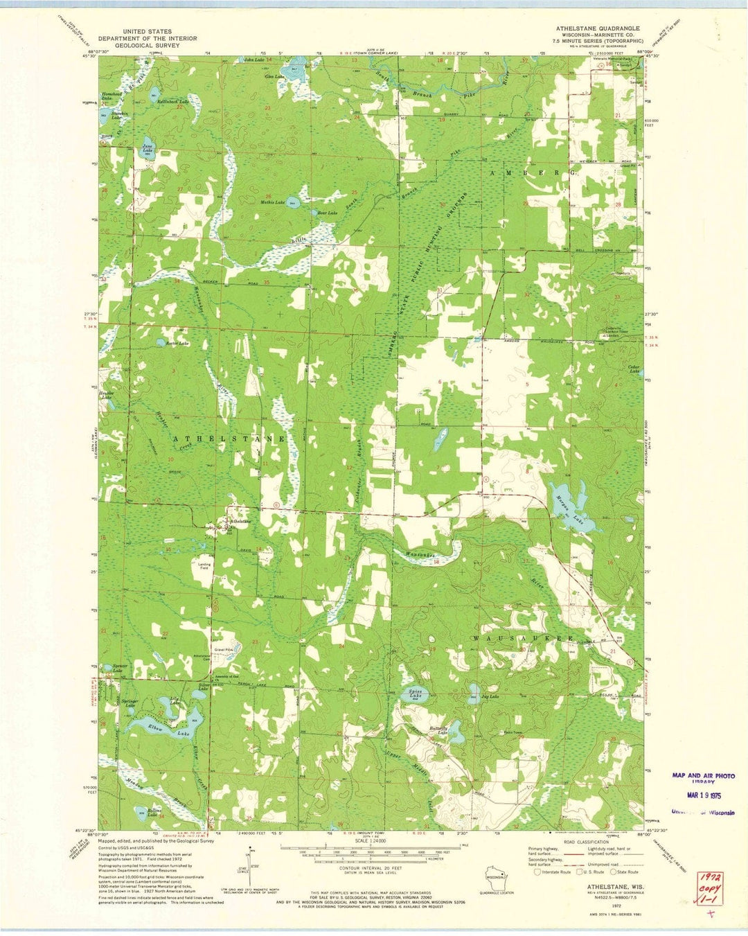 1972 Athelstane, WI - Wisconsin - USGS Topographic Map