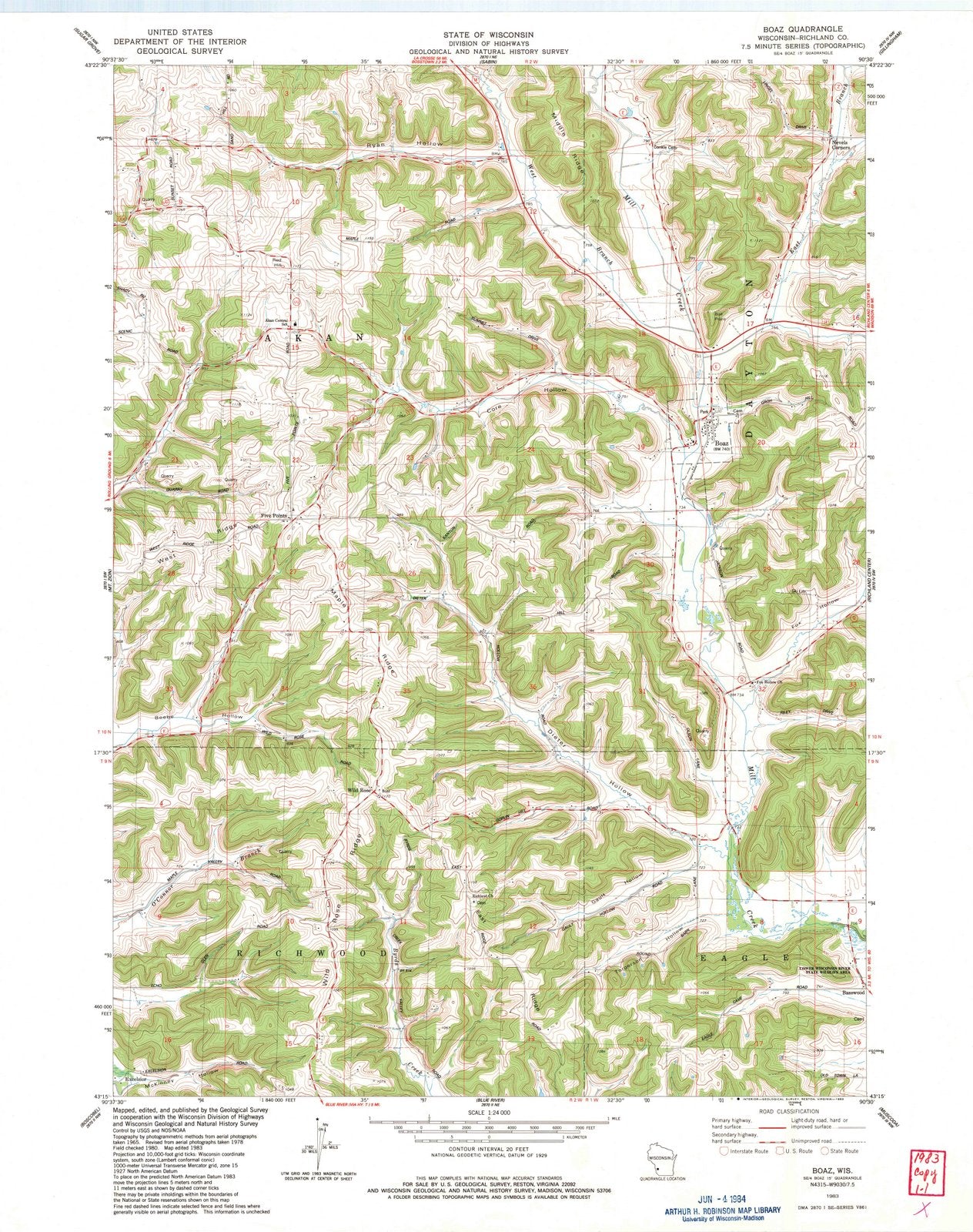 1983 Boaz, WI - Wisconsin - USGS Topographic Map