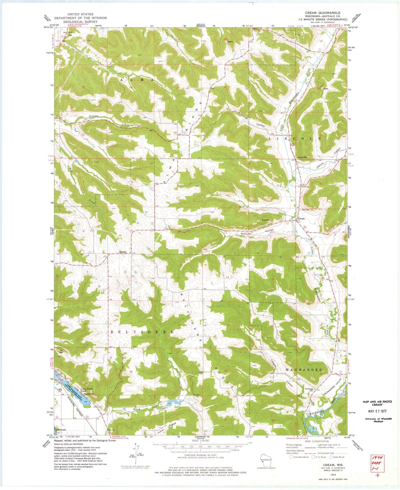 1974 Cream, WI - Wisconsin - USGS Topographic Map