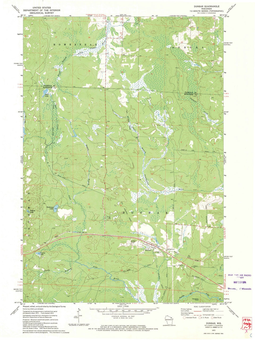 1972 Dunbar, WI - Wisconsin - USGS Topographic Map v2