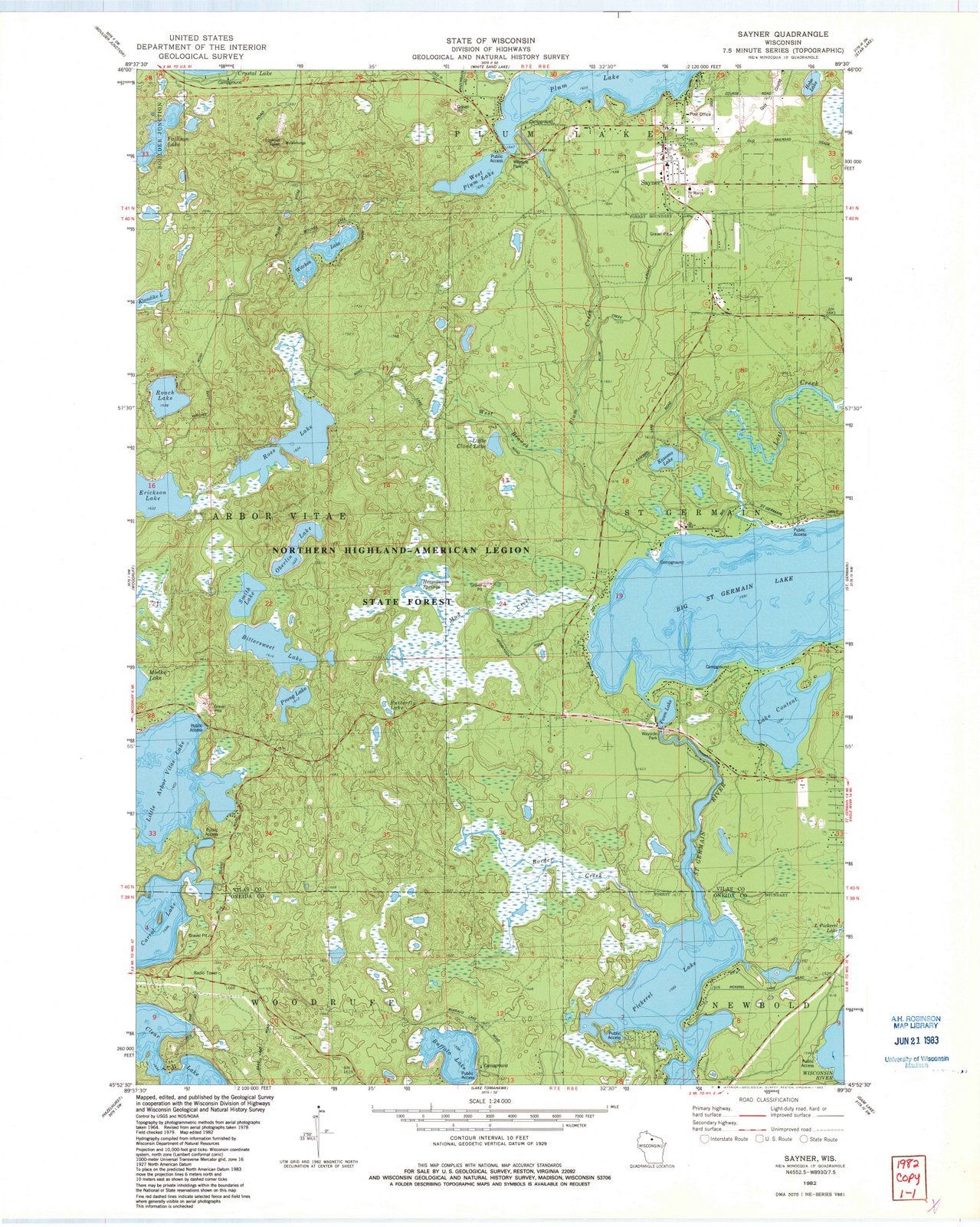 1982 Sayner, WI - Wisconsin - USGS Topographic Map