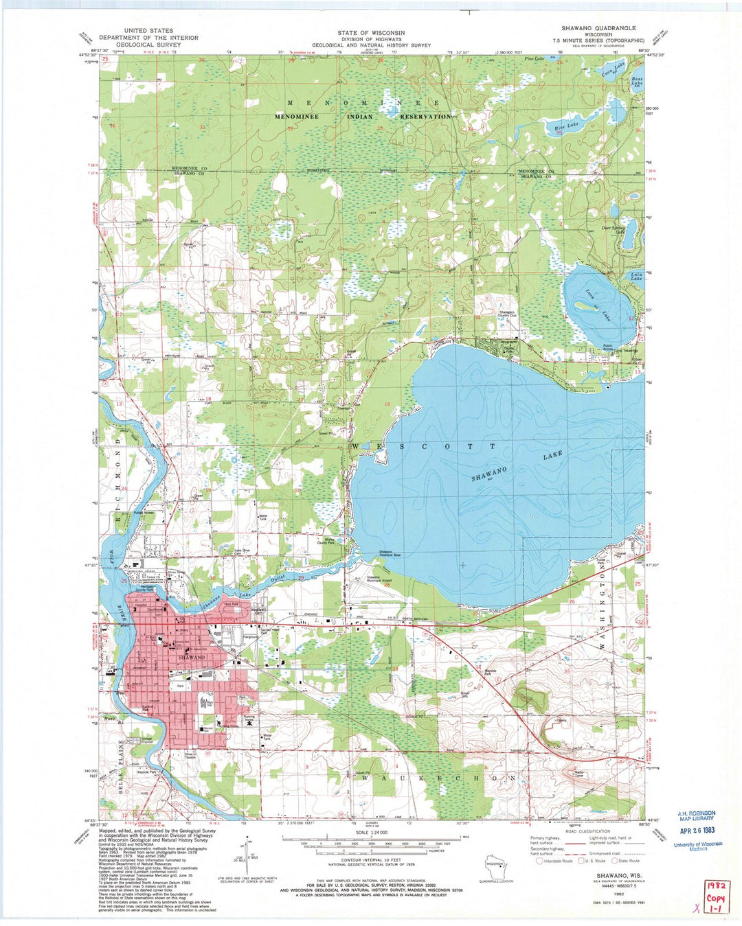 1982 Shawano, WI - Wisconsin - USGS Topographic Map