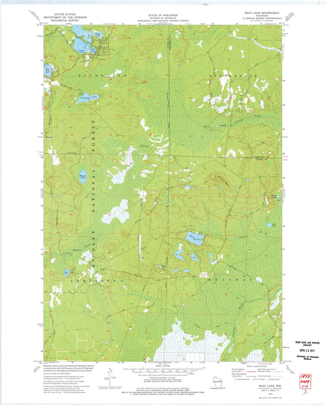 1973 Shay Lake, WI - Wisconsin - USGS Topographic Map