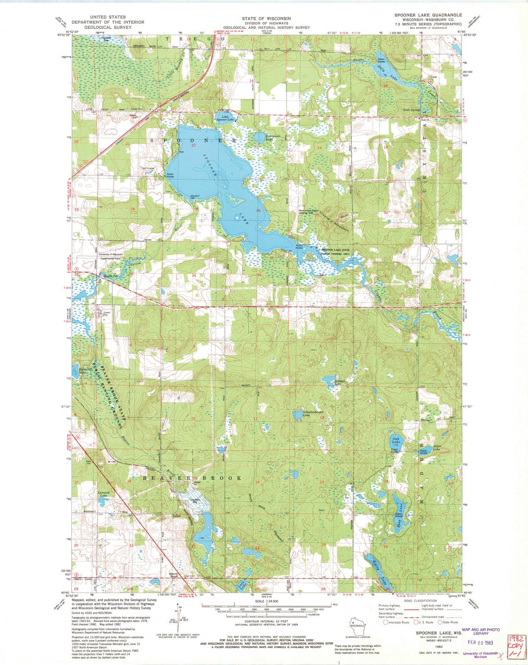 1982 Spooner Lake, WI - Wisconsin - USGS Topographic Map