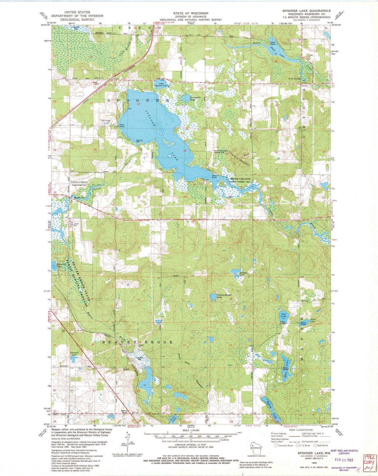 1982 Spooner Lake, WI - Wisconsin - USGS Topographic Map